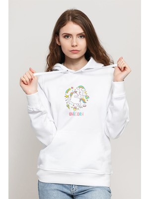 Qivi Unicorn Bring It On Unicorn With Baskılı Beyaz Kadın Örme Kapşonlu Sweatshirt Uzun Kol
