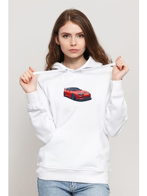 Qivi Toyota Supra Kırmızı Baskılı Beyaz Kadın Örme Kapşonlu Sweatshirt Uzun Kol