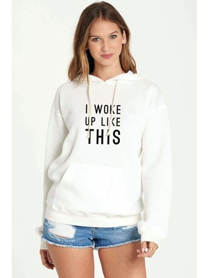 Qivi Woke Up Like Baskılı Beyaz Kadın Örme Kapşonlu Sweatshirt Uzun Kol