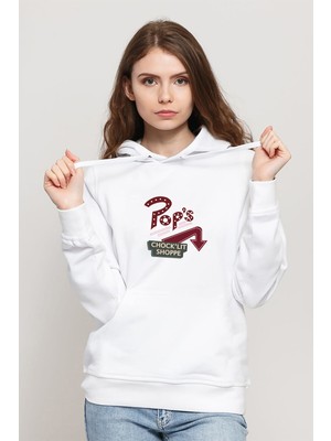 Qivi Riverdale Pop's Chock'lit Shoppe 2 Baskılı Beyaz Kadın Örme Kapşonlu Sweatshirt Uzun Kol