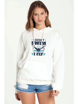 Qivi I Dont Swim I Fly Baskılı Beyaz Kadın Örme Kapşonlu Sweatshirt Uzun Kol