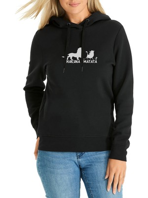 Qivi Hakuna Matata Baskılı Siyah Kadın Örme Kapşonlu Sweatshirt Uzun Kol