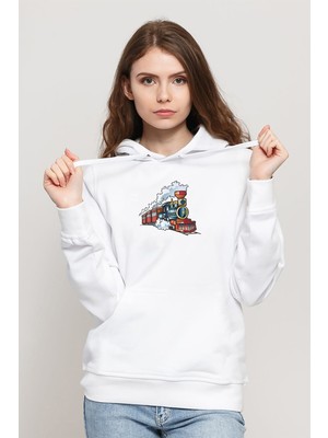 Qivi Watercolor Train Baskılı Kadın Örme Kapüşonlu Beyaz Sweatshirt Uzun Kol