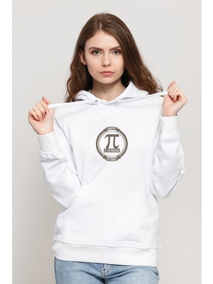 Qivi 14 Mart Dünya Pi Günü Dj Baskılı Beyaz Kadın Örme Kapşonlu Sweatshirt Uzun Kol