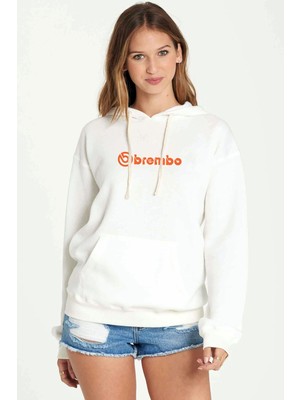 Qivi Brembo Logo Baskılı Beyaz Kadın Örme Kapşonlu Sweatshirt Uzun Kol