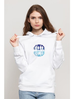 Qivi Friends Don't Lie Eleven Stranger Things Baskılı Beyaz Kadın Örme Kapşonlu Sweatshirt Uzun Kol