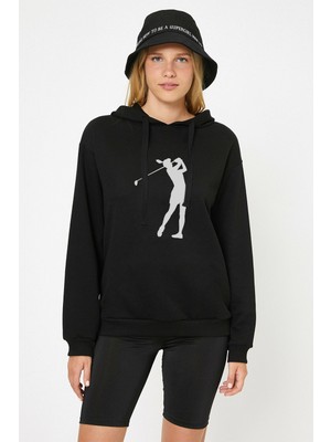Qivi Silhouette Golf Baskılı Siyah Kadın Örme Kapşonlu Sweatshirt Uzun Kol