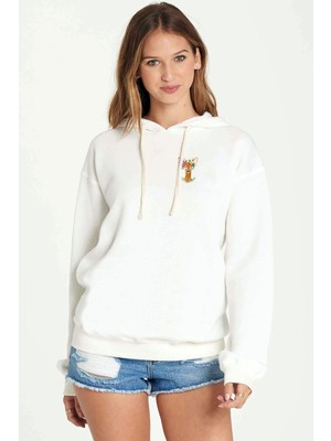 Qivi Watercolor Deer Baskılı Kadın Örme Kapüşonlu Beyaz Sweatshirt Uzun Kol