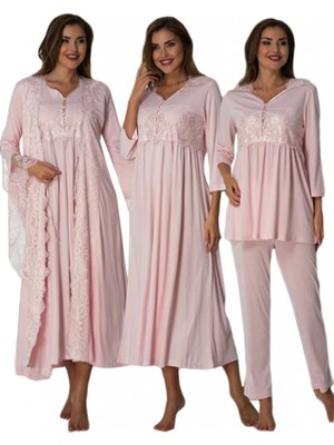 Hamile Çarşısı Effort Pembe Sabahlıklı Lohusa Gecelik Pijama Takımı 3014
