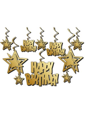 Eminönü Toptancı Karton Üç Boyutlu Metalize Happy Birthday Orta Asma Süs 10 Lu Set Altın