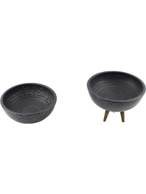 Bitki Tasarımı Gri Granit Boyalı Aranjman-Sunumluk Toprak Saksı-Ikili Set-20 cm Çap-No:2