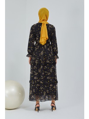 Meqlife Katlı ve Puantiyeli Elbise - Sarı