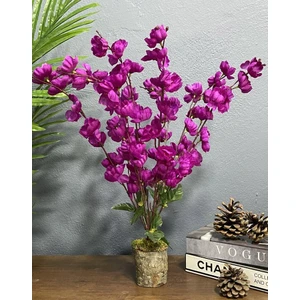 Yapay Çiçek Ahşap Kütük Saksılı Mor Bahardalı Palmiye Ağacı Salon Bitkisi 50 cm