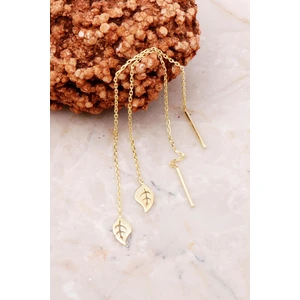 Sümer Telkari Yaprak Altın Yaldızlı Gümüş Zincir Küpe