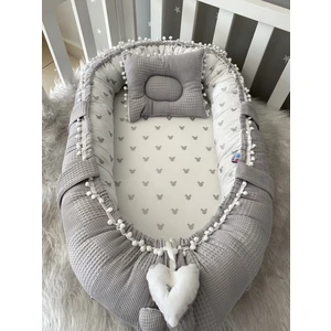Jaju Baby Gri Wafle Pike Kumaş Micky Tasarım Ponponlu Babynest
