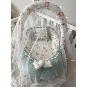 Jaju Baby Wafle Yeşil Pike Kumaş Poplin Kumaş Ponponlu Babynest Oyuncak Aparat ve Tül Set