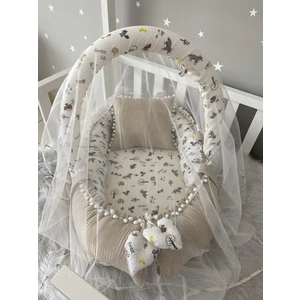 Jaju Baby Wafle Pike Kumaş Müslin Kumaş Ponponlu Babynest Oyuncak Aparat ve Tül Set