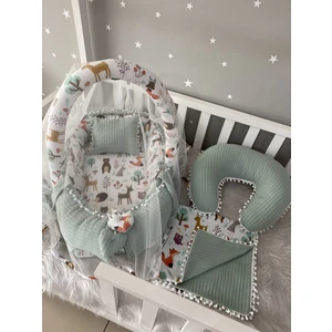 Jaju Baby Yeşil Örgü Pike Kumaş ve Orman  Kumaş Ponponlu 6 Parça Babynest Set
