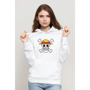 Anime One Piece Logo Baskılı Beyaz Kadın Örme Kapşonlu Sweatshirt Uzun Kol