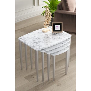 Concept Telwe Serisi Üst Kalite Mdf 4lü Zigon Sehpa Takımı Beyaz Mermer Desen / Gümüş