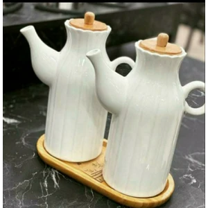 Kitchen Pembelia 2 Adet Porselen 1 Lt Yağdanlık ve Bambu Altlık 3 Lu Set