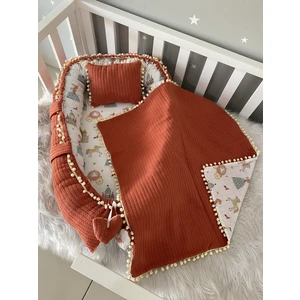 Jaju Baby Kiremit Örgü Pike Kumaş ve Müslin Kumaş Ponponlu 3'lü Babynest Set