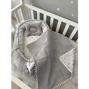 Jaju Baby Jaju Baby Gri Wafle Pike Kumaş Micky Tasarım Ponponlu 3'lü Babynest Set