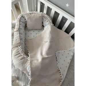 Jaju Baby Pike Kumaş ve Poplin Kumaş Micky Tasarım Ponponlu 3'lü Babynest Set