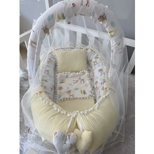 Jaju Baby Sarı Wafle Pike Kumaş Ceylan Tasarım Ponponlu Babynest ve Yorgan Oyuncak Aparat ve Tül Set