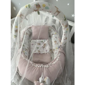 Jaju Baby Pudra Wafle Pike Kumaş Poplin Kumaş Ponponlu Babynest ve Yorgan Oyuncak Aparat ve Tül Set
