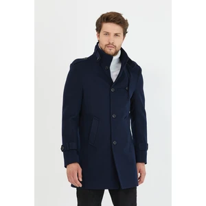 Mero Life Erkek Lacivert Ezel Dar Kesim Dik Yaka Uzun Kaşe Kaban