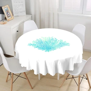 Beyaz Zeminde Yeşil Renkli Su Yosunu Desenli Dijital Baskılı Modern Yuvarlak Masa Örtüsü - Çap 140 cm