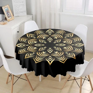 Siyah Zeminde Gold Mandala Motifli Yuvarlak Masa Örtüsü - Çap 140 cm