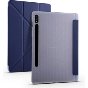 Case 4U Samsung Galaxy Tab S7 T870 Kılıf Kalem Bölmeli Tri Folding Smart Standlı Pu Deri Arkası Yumuşak Silikon 360 Tam Koruma Lacivert