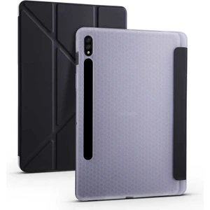 Case 4U Samsung Galaxy Tab S7 Plus T970 Kılıf Kalem Bölmeli Tri Folding Smart Standlı Pu Deri Arkası Yumuşak Silikon 360 Tam Koruma Siyah