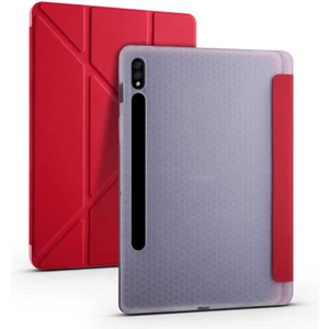 Case 4U Samsung Galaxy Tab S7 Plus T970 Kılıf Kalem Bölmeli Tri Folding Smart Standlı Pu Deri Arkası Yumuşak Silikon 360 Tam Koruma Kırmızı