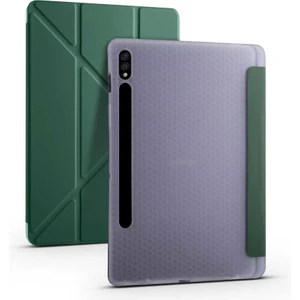 Case 4U Samsung Galaxy Tab S7 Plus T970 Kılıf Kalem Bölmeli Tri Folding Smart Standlı Pu Deri Arkası Yumuşak Silikon 360 Tam Koruma Koyu Yeşil