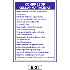 Kompresör Kullanma Talimatı Uyarı Ikaz Levhası 35 x 50 cm