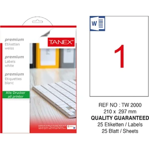 TW-2000 Laser Etiket 210 x 297 mm 25'li