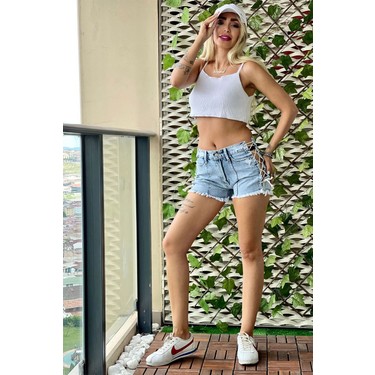 The Bark Yandan Bağcıklı Mini Jean Kadın Şort 2076-891 Mavi Fiyatı
