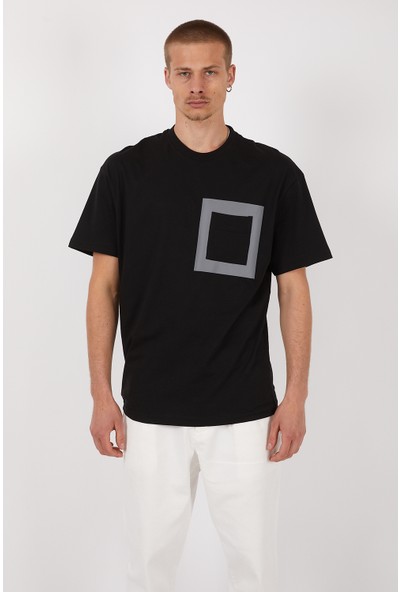 Ress Reflektör Detaylı Ceplı Siyah Oversize T-Shirt