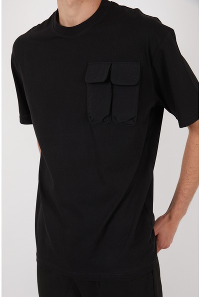 Ress Teknık Ceplı Siyah Oversize T-Shirt