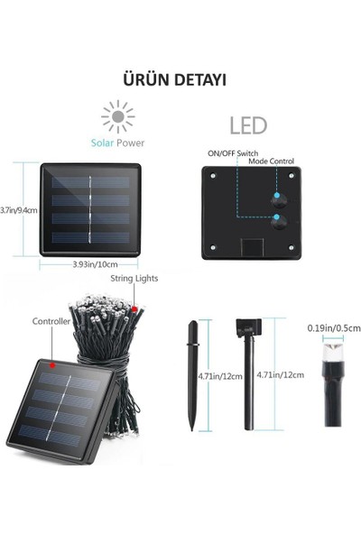 Techno Smart Solar 100 Ledli 12 Metre Bahçe Aydınlatma Dekorasyon Güneş Enerjili LED Sarı Işık