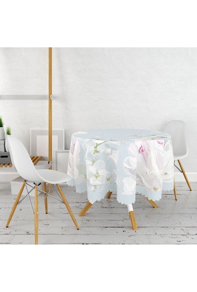 RealHomes Renkli Zeminli Beyaz Çiçek Desenli Dijital Baskılı Modern Yuvarlak Masa Örtüsü - Çap 140 cm