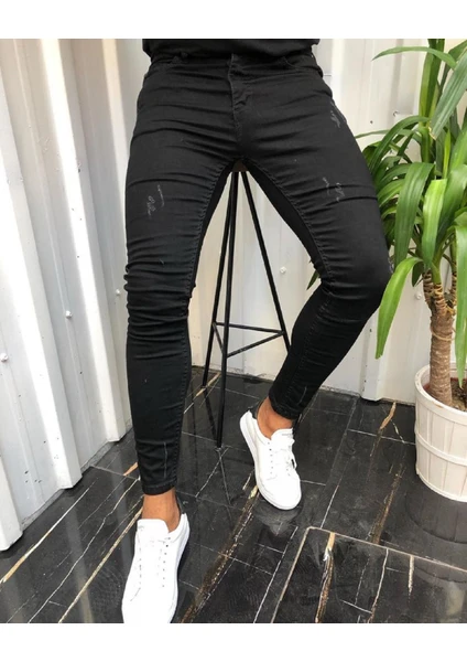 Dark Lavish Erkek Siyah Tırnaklı Jean Italyan Kesim Likralı Denim Skinny Kot pantolon