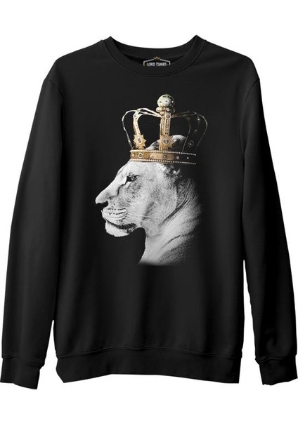 Lordd T-Shirt Aslan - Kraliçe Taç Siyah Erkek Kalın Sweatshirt