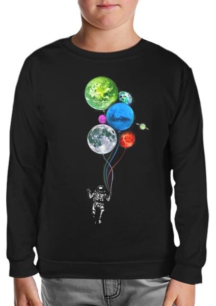 Lordd T-Shirt Gezegenler - Astronot Siyah Çocuk Sweatshirt