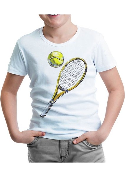 Lordd T-Shirt Tenis - Raket ve Top Beyaz Çocuk T-Shirt