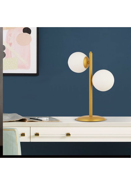 Siena 2Li Gold Boyalı Beyaz Camlı Masa Lambası Modern Tasarım -Yatak Odası-Salon Abajur