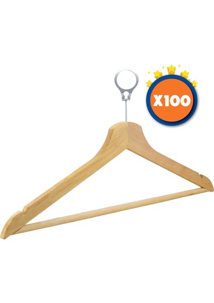 Ahşap Barlı Çalınmaz Otel Kancalı Elbise Askısı Naturel Renk 100 Adet&metal Halka Dahil